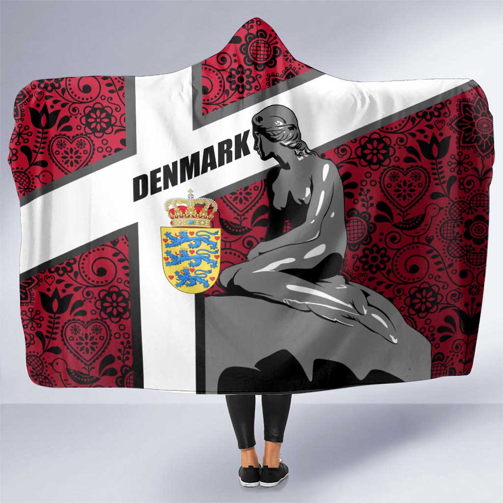 Denmark Hooded Blanket with The Little Mermaid Statue, Danish Folk Patterns, National Heritage Pride