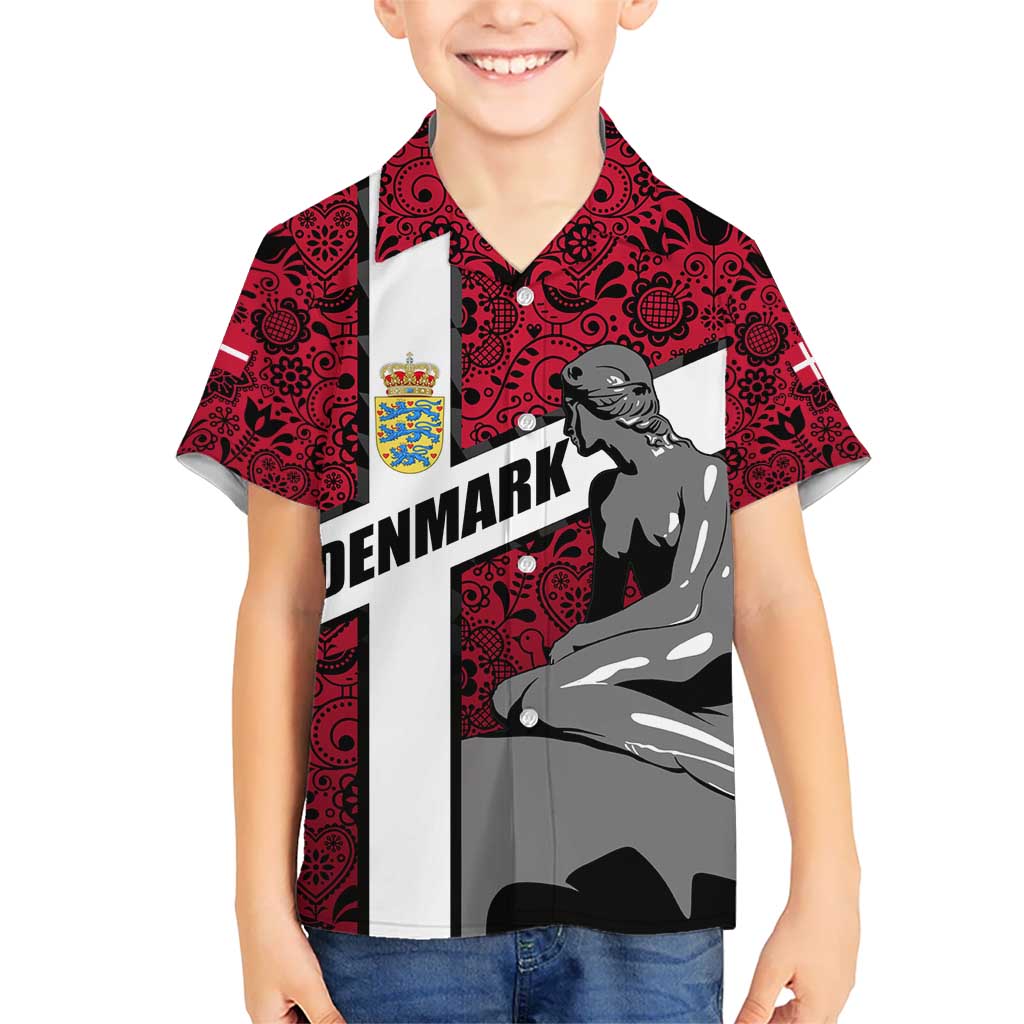 Denmark Kid Hawaiian Shirt with The Little Mermaid Statue, Danish Folk Patterns, National Heritage Pride