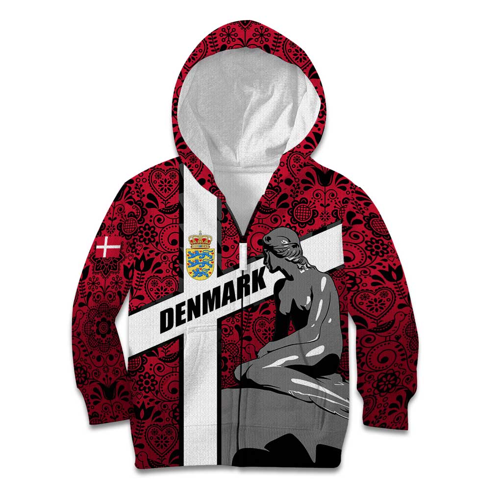 Denmark Kid Hoodie with The Little Mermaid Statue, Danish Folk Patterns, National Heritage Pride