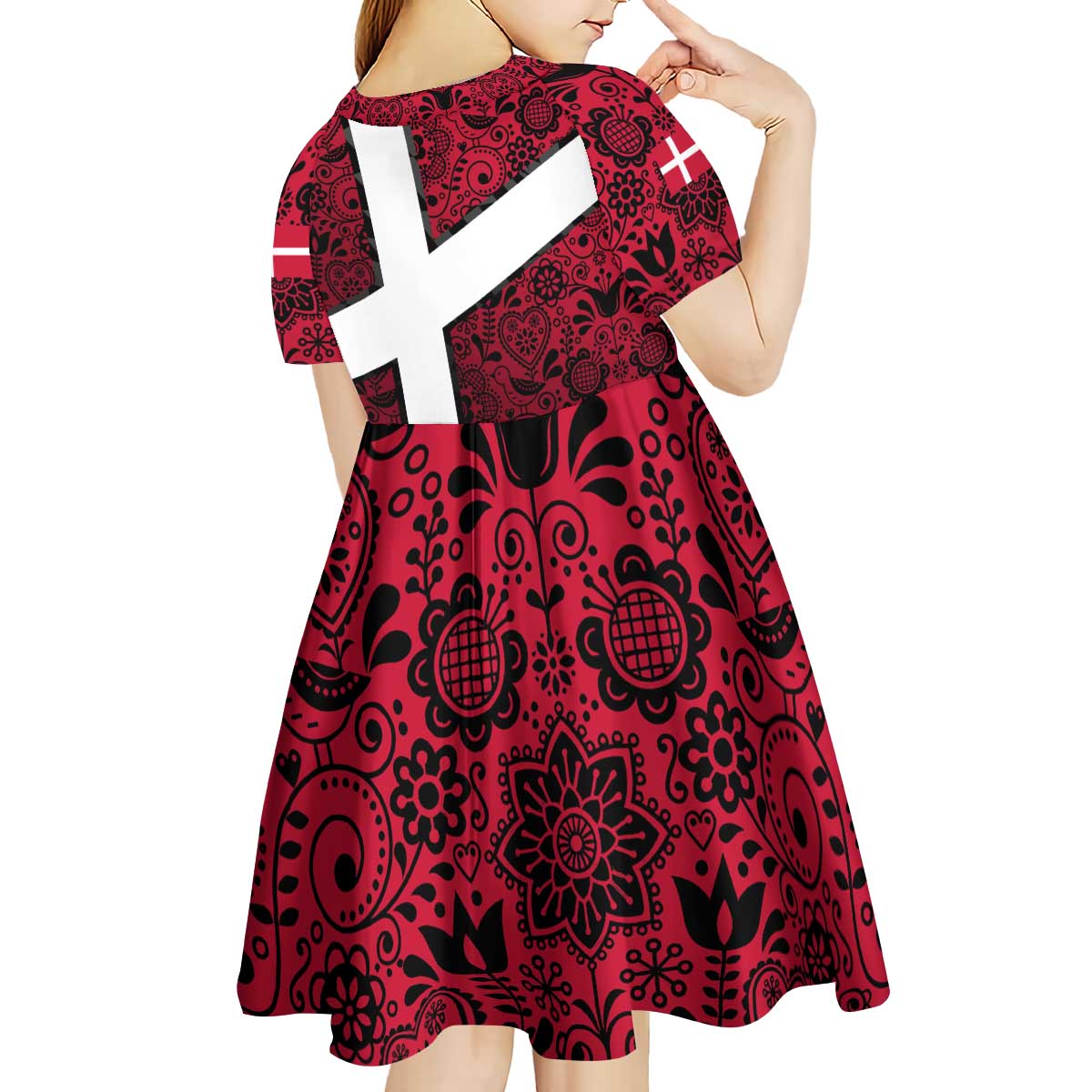 Denmark Kid Short Sleeve Dress with The Little Mermaid Statue, Danish Folk Patterns, National Heritage Pride