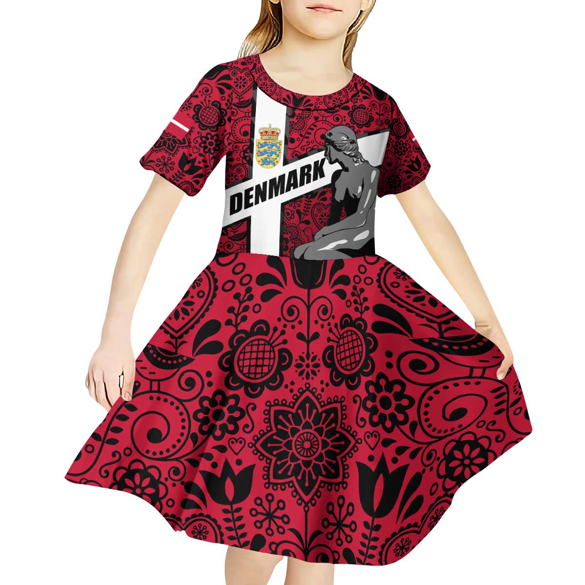 Denmark Kid Short Sleeve Dress with The Little Mermaid Statue, Danish Folk Patterns, National Heritage Pride