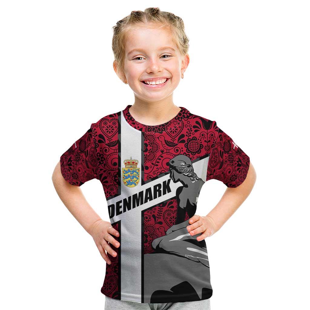Denmark Kid T Shirt with The Little Mermaid Statue, Danish Folk Patterns, National Heritage Pride