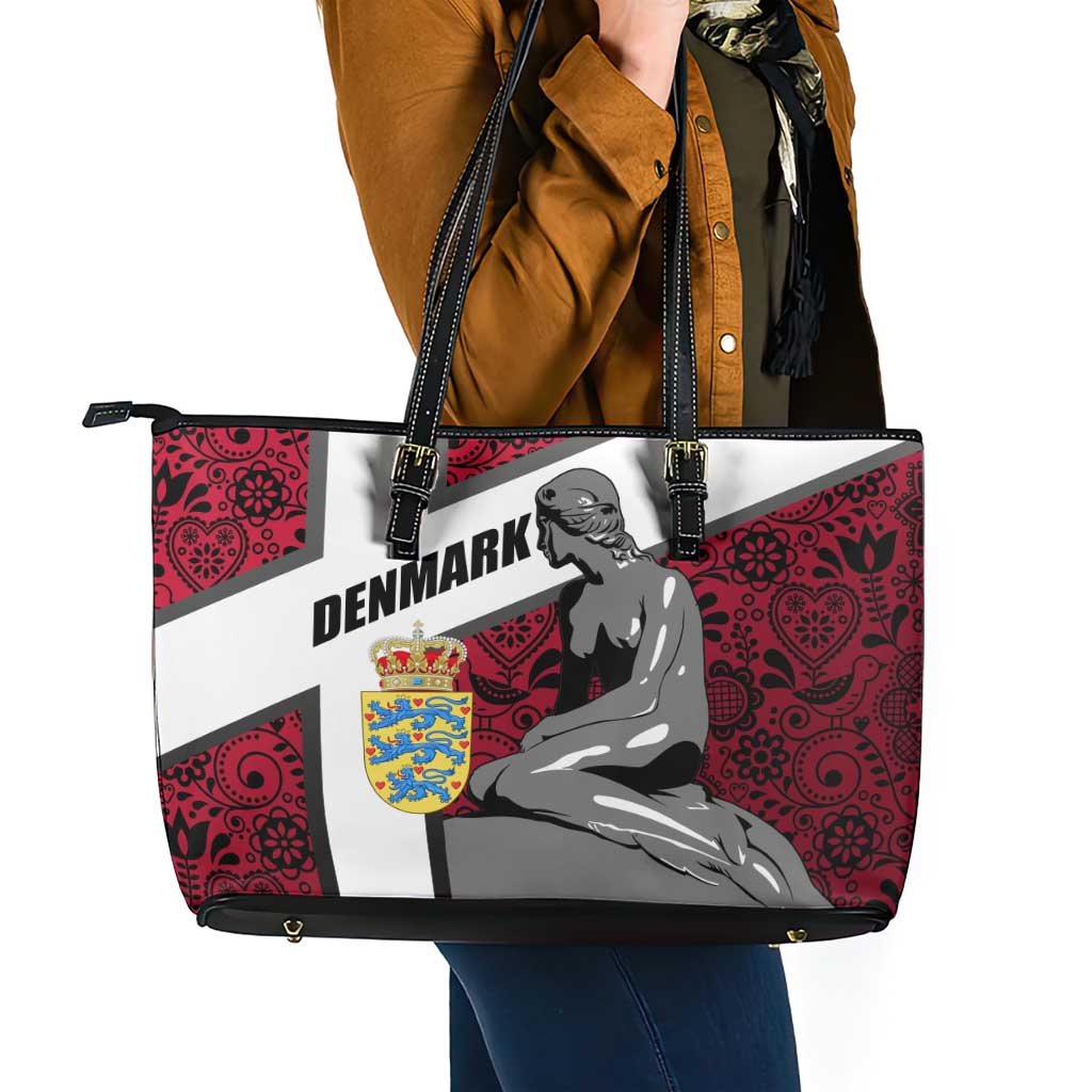 Denmark Leather Tote Bag with The Little Mermaid Statue, Danish Folk Patterns, National Heritage Pride