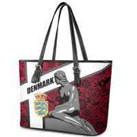 Denmark Leather Tote Bag with The Little Mermaid Statue, Danish Folk Patterns, National Heritage Pride