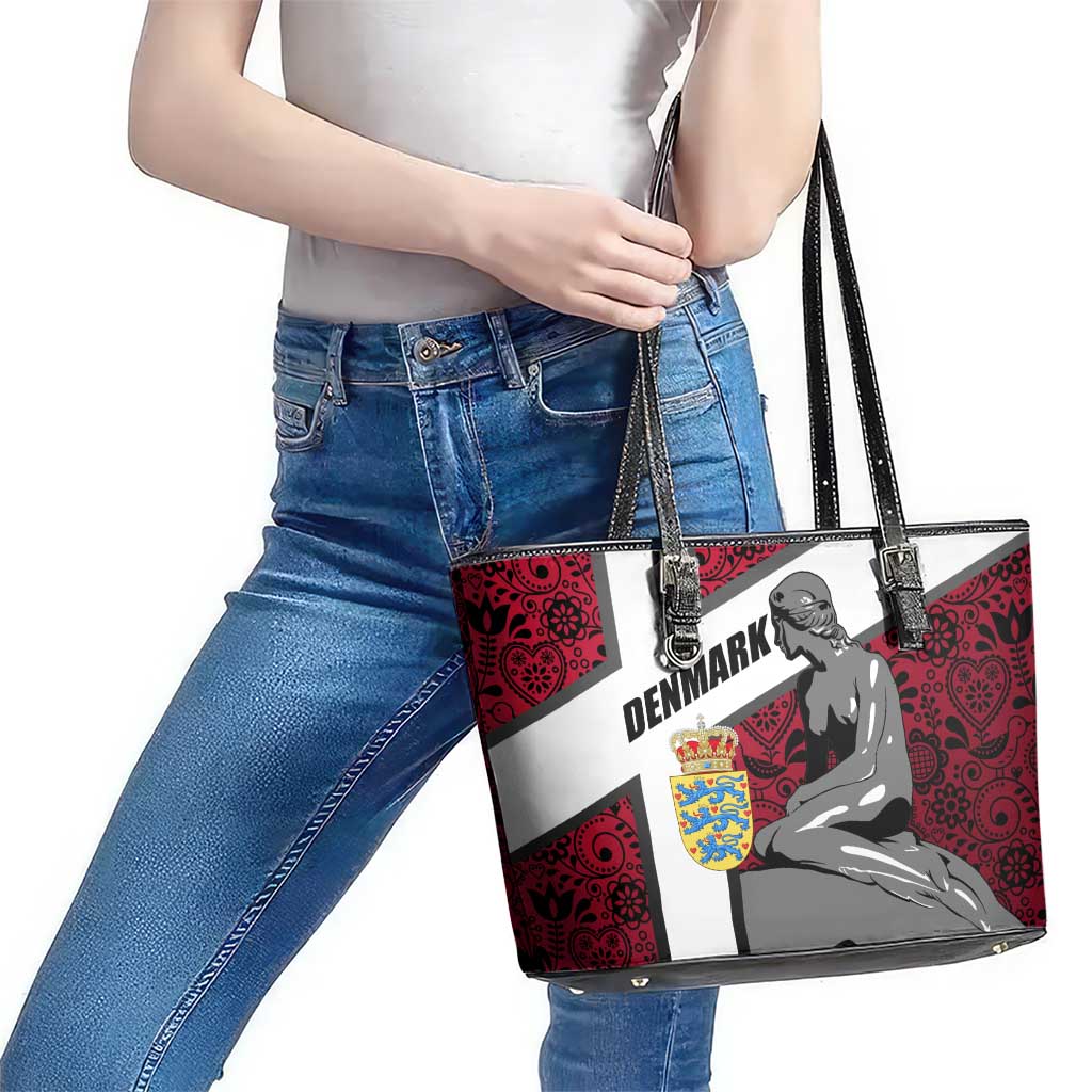Denmark Leather Tote Bag with The Little Mermaid Statue, Danish Folk Patterns, National Heritage Pride
