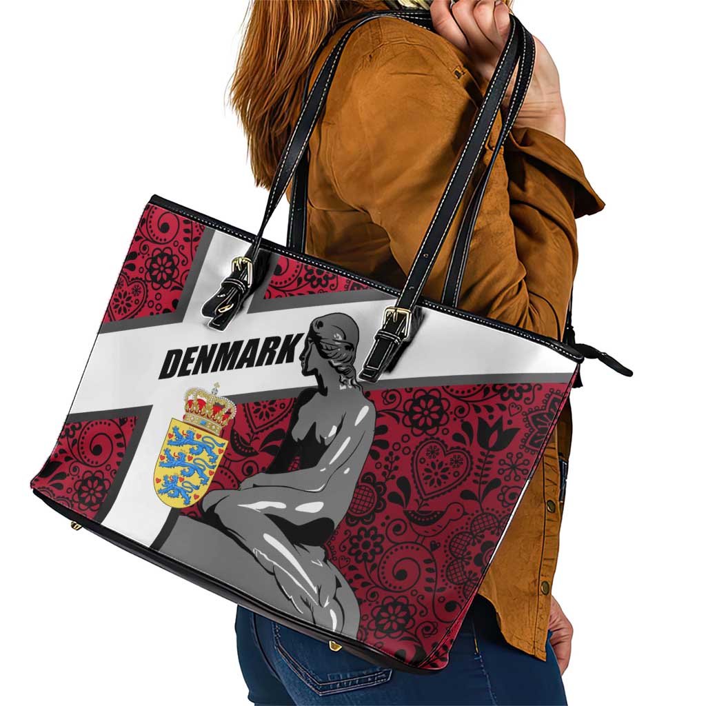 Denmark Leather Tote Bag with The Little Mermaid Statue, Danish Folk Patterns, National Heritage Pride
