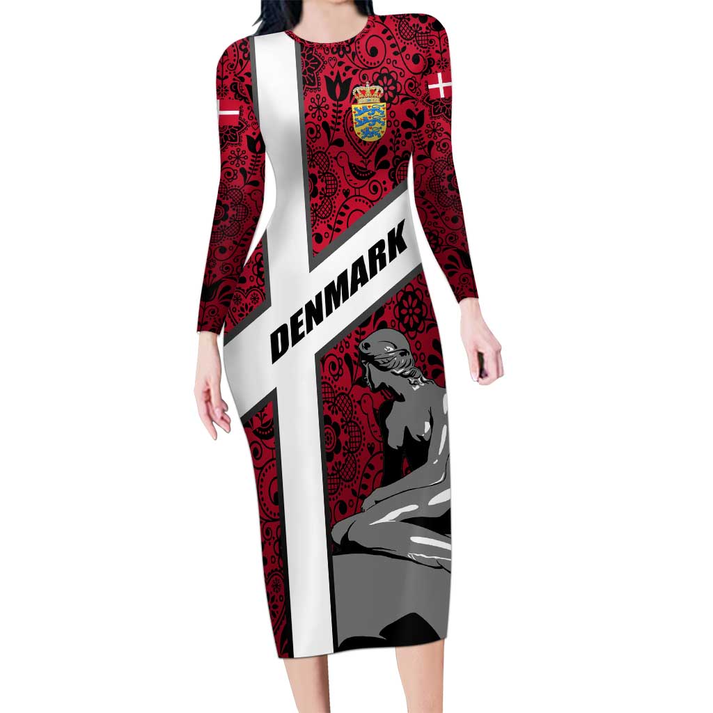Denmark Long Sleeve Bodycon Dress with The Little Mermaid Statue, Danish Folk Patterns, National Heritage Pride