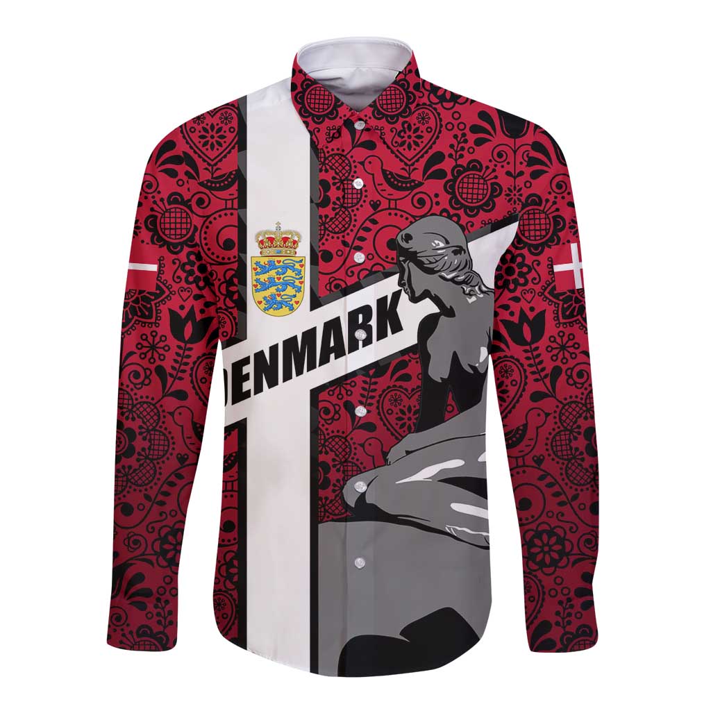 Denmark Long Sleeve Button Shirt with The Little Mermaid Statue, Danish Folk Patterns, National Heritage Pride
