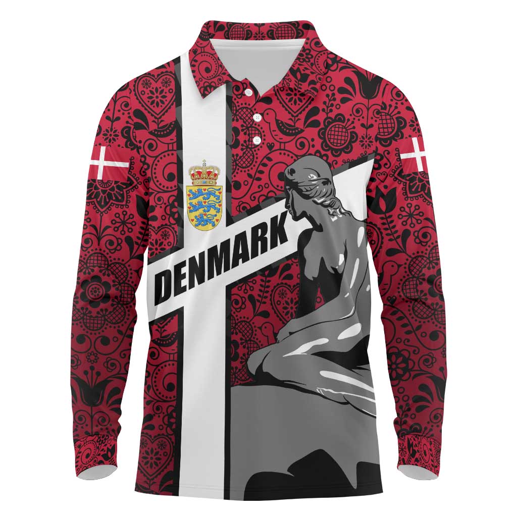Denmark Long Sleeve Polo Shirt with The Little Mermaid Statue, Danish Folk Patterns, National Heritage Pride