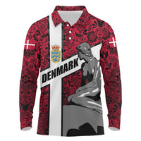 Denmark Long Sleeve Polo Shirt with The Little Mermaid Statue, Danish Folk Patterns, National Heritage Pride