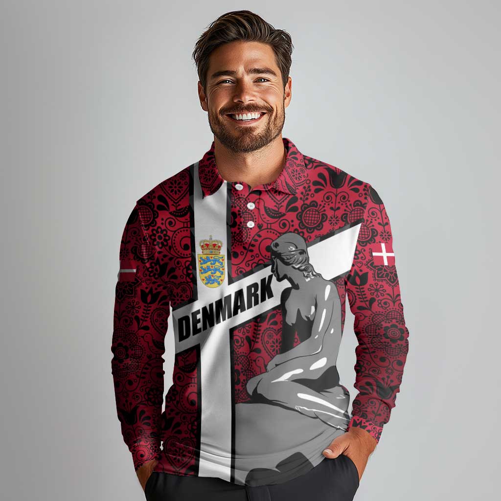 Denmark Long Sleeve Polo Shirt with The Little Mermaid Statue, Danish Folk Patterns, National Heritage Pride