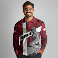 Denmark Long Sleeve Polo Shirt with The Little Mermaid Statue, Danish Folk Patterns, National Heritage Pride