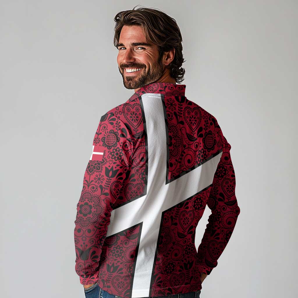 Denmark Long Sleeve Polo Shirt with The Little Mermaid Statue, Danish Folk Patterns, National Heritage Pride