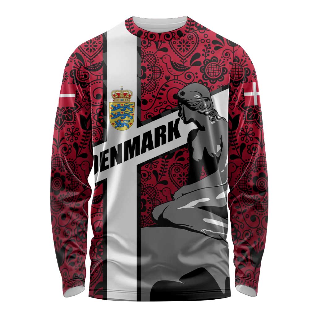 Denmark Long Sleeve Shirt with The Little Mermaid Statue, Danish Folk Patterns, National Heritage Pride