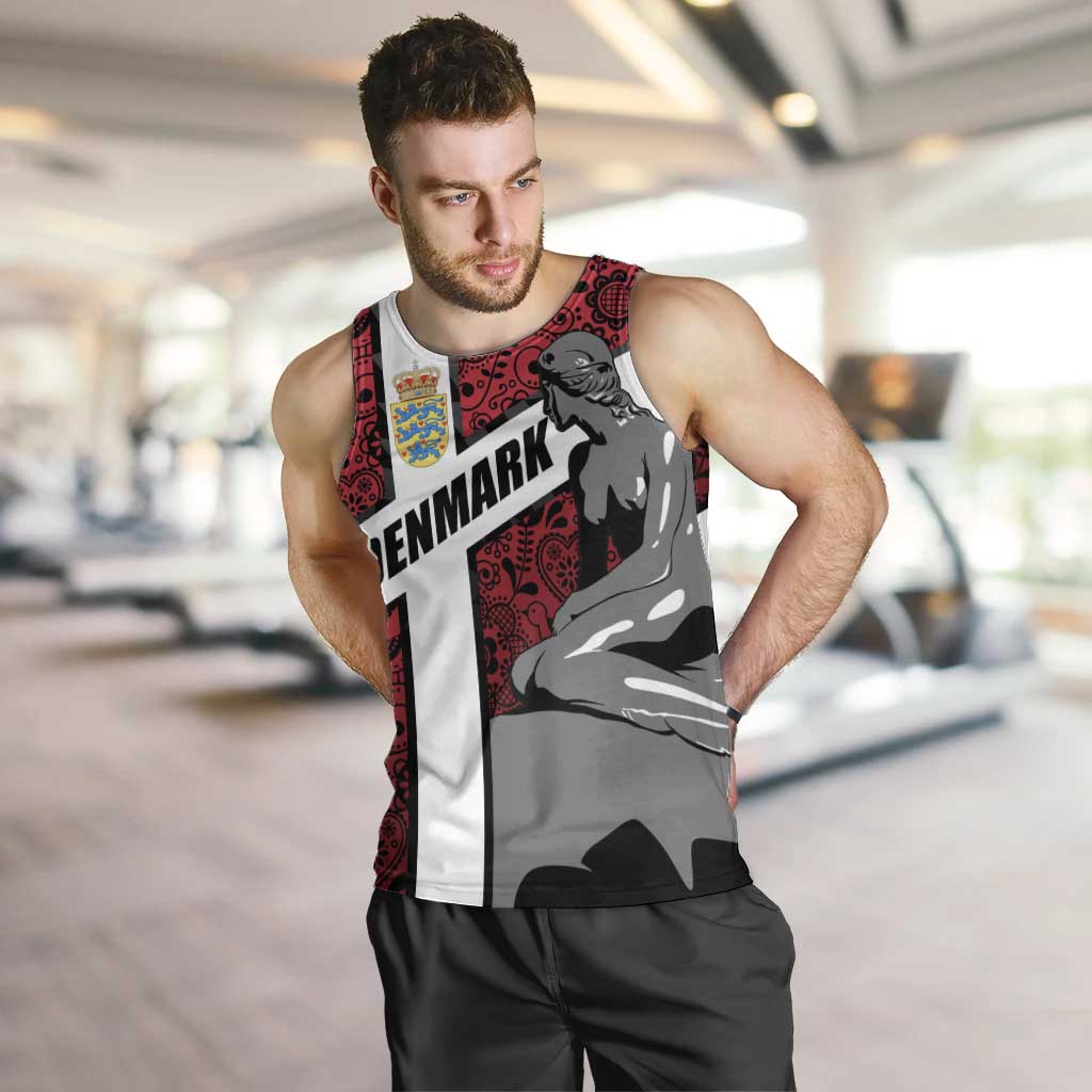 Denmark Men Tank Top with The Little Mermaid Statue, Danish Folk Patterns, National Heritage Pride