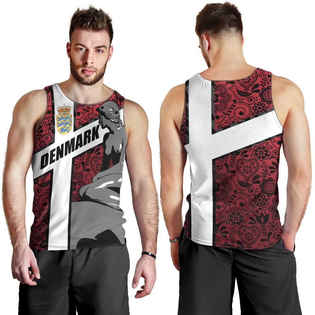 Denmark Men Tank Top with The Little Mermaid Statue, Danish Folk Patterns, National Heritage Pride