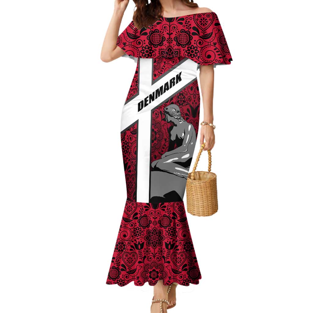 Denmark Mermaid Dress with The Little Mermaid Statue, Danish Folk Patterns, National Heritage Pride