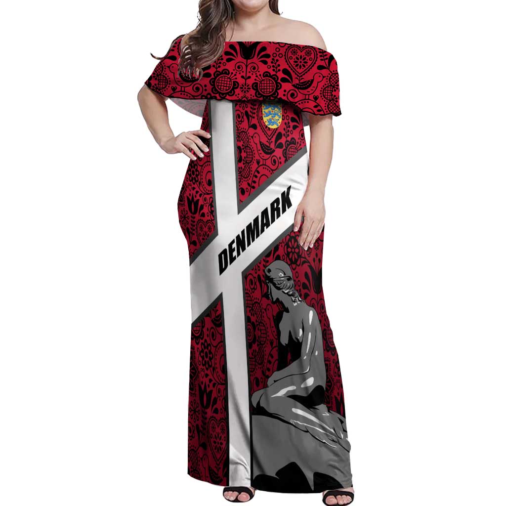 Denmark Off Shoulder Maxi Dress with The Little Mermaid Statue, Danish Folk Patterns, National Heritage Pride