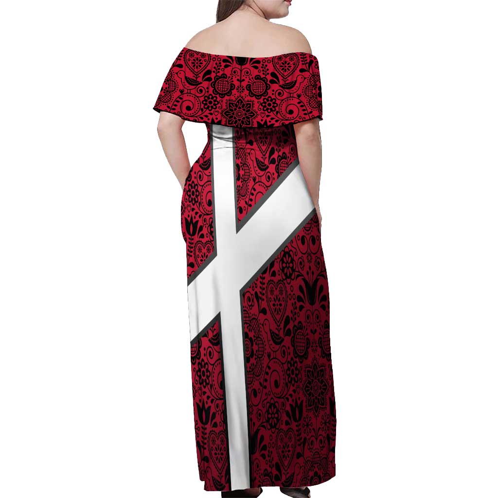 Denmark Off Shoulder Maxi Dress with The Little Mermaid Statue, Danish Folk Patterns, National Heritage Pride