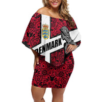 Denmark Off Shoulder Short Dress with The Little Mermaid Statue, Danish Folk Patterns, National Heritage Pride