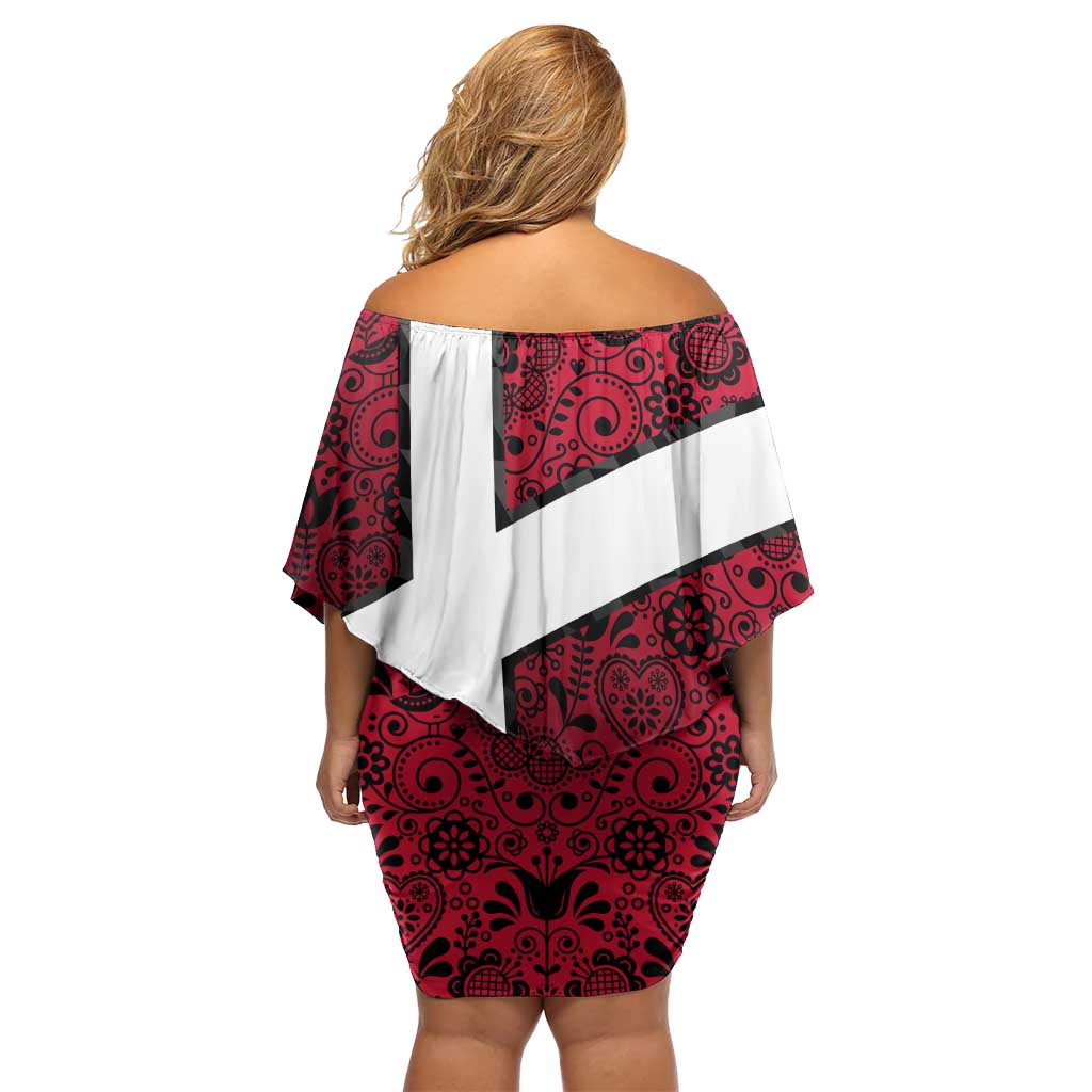 Denmark Off Shoulder Short Dress with The Little Mermaid Statue, Danish Folk Patterns, National Heritage Pride