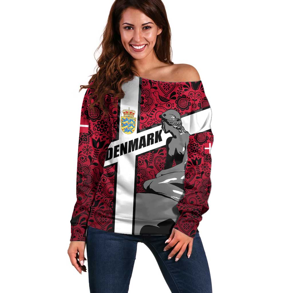 Denmark Off Shoulder Sweater with The Little Mermaid Statue, Danish Folk Patterns, National Heritage Pride