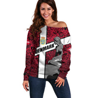 Denmark Off Shoulder Sweater with The Little Mermaid Statue, Danish Folk Patterns, National Heritage Pride