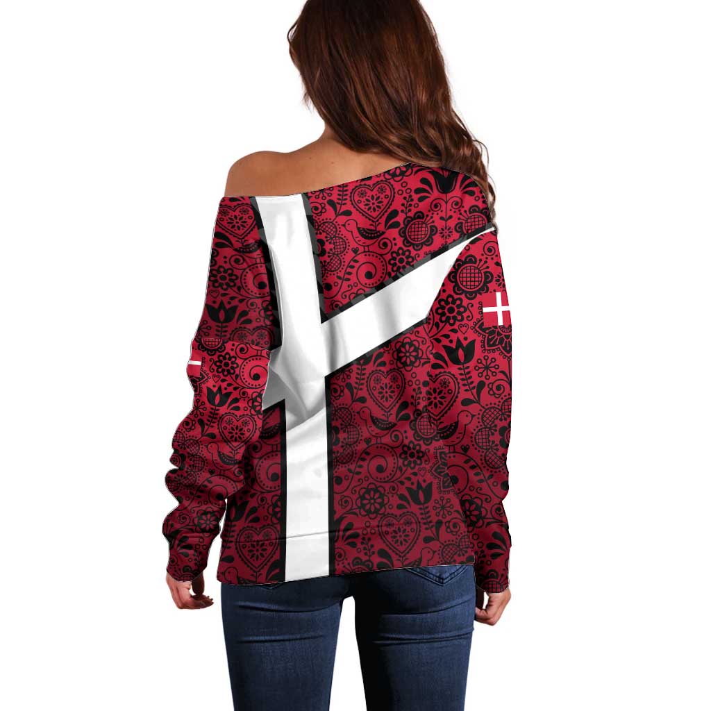 Denmark Off Shoulder Sweater with The Little Mermaid Statue, Danish Folk Patterns, National Heritage Pride