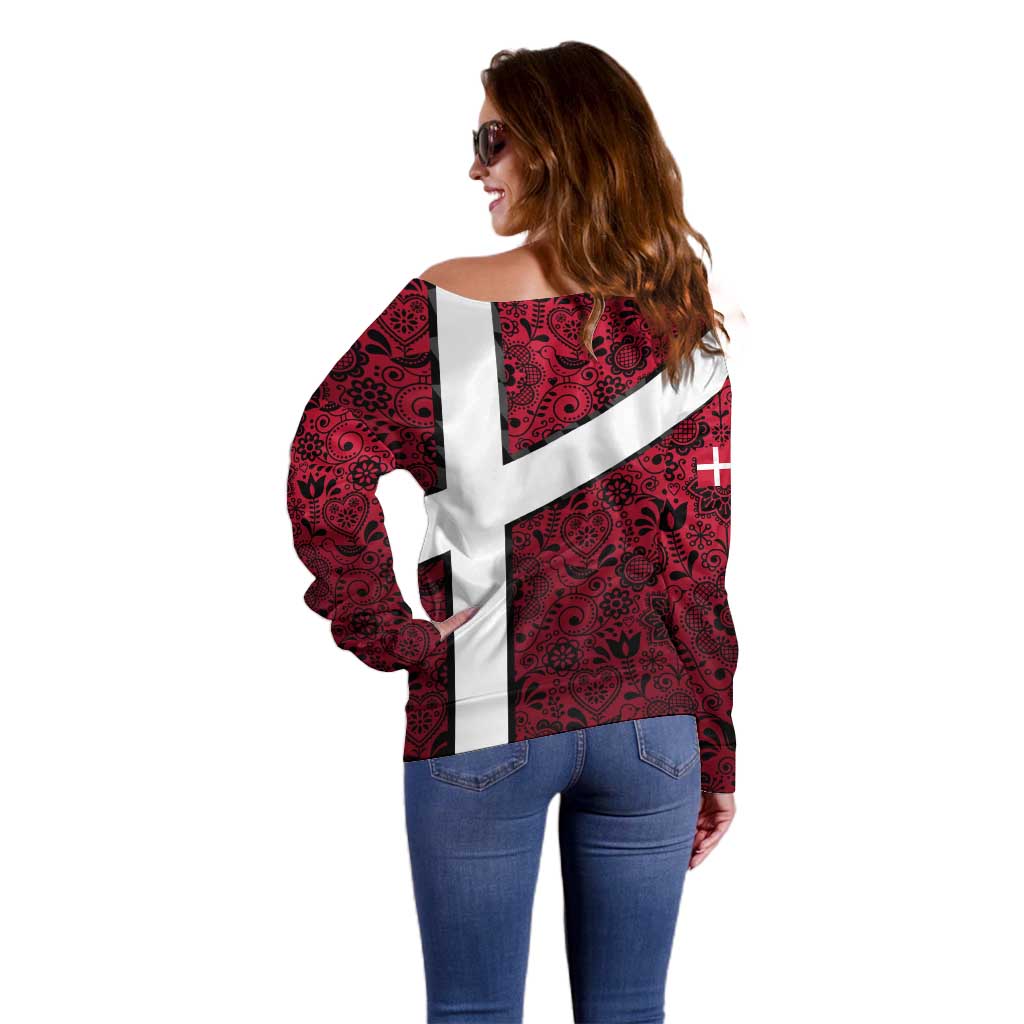 Denmark Off Shoulder Sweater with The Little Mermaid Statue, Danish Folk Patterns, National Heritage Pride