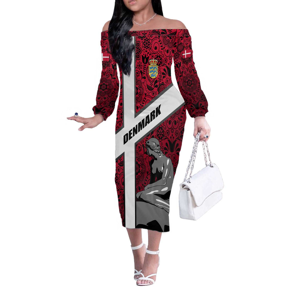 Denmark Off The Shoulder Long Sleeve Dress with The Little Mermaid Statue, Danish Folk Patterns, National Heritage Pride