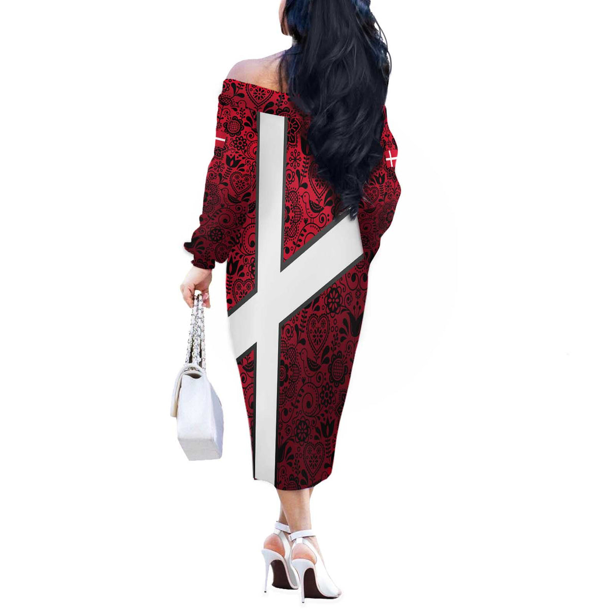 Denmark Off The Shoulder Long Sleeve Dress with The Little Mermaid Statue, Danish Folk Patterns, National Heritage Pride