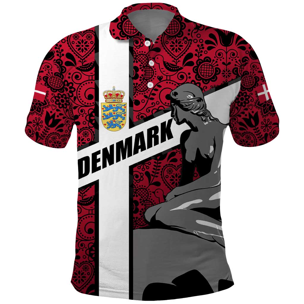 Denmark Polo Shirt with The Little Mermaid Statue, Danish Folk Patterns, National Heritage Pride