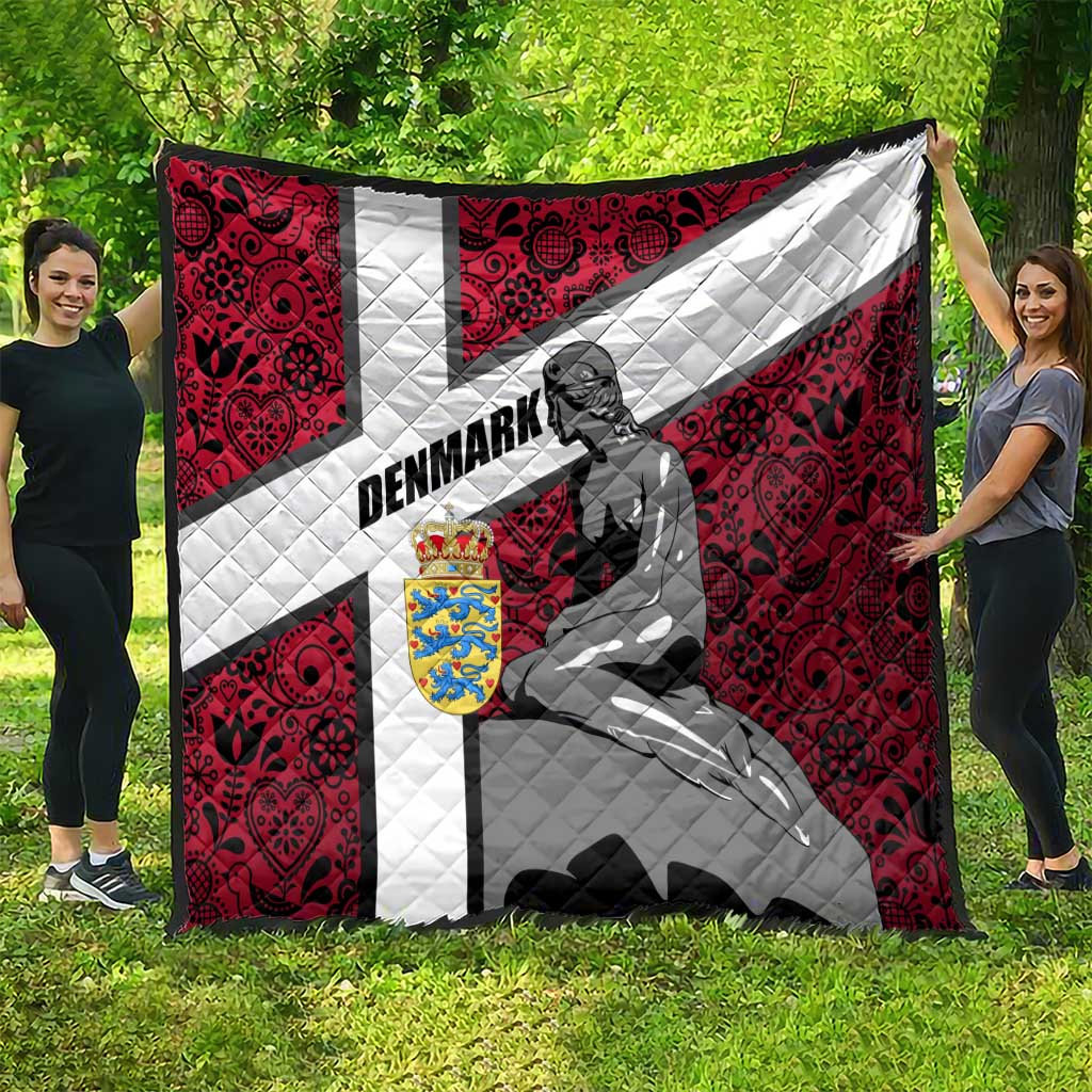 Denmark Quilt with The Little Mermaid Statue, Danish Folk Patterns, National Heritage Pride