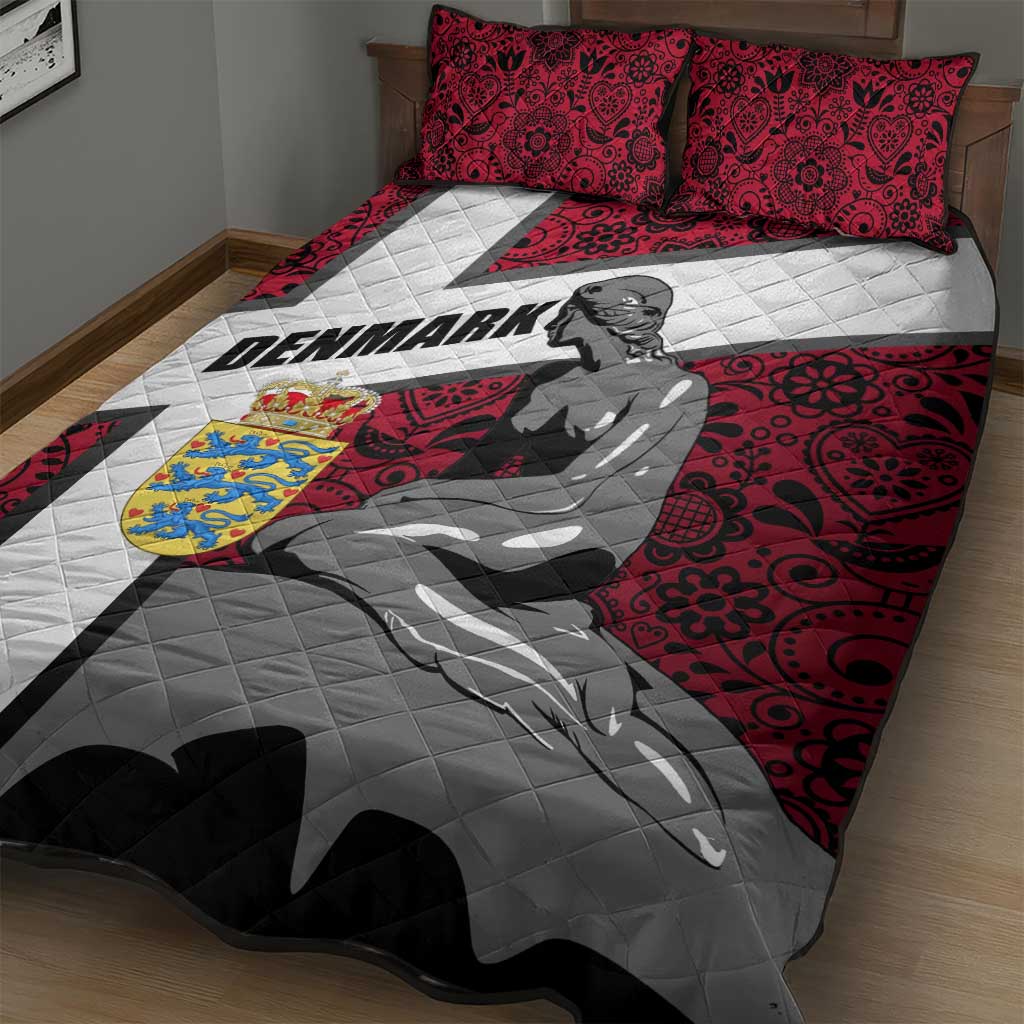Denmark Quilt Bed Set with The Little Mermaid Statue, Danish Folk Patterns, National Heritage Pride