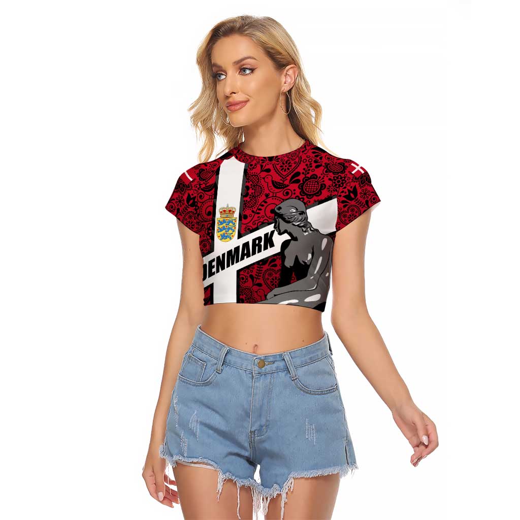 Denmark Raglan Cropped T Shirt with The Little Mermaid Statue, Danish Folk Patterns, National Heritage Pride