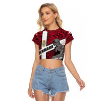 Denmark Raglan Cropped T Shirt with The Little Mermaid Statue, Danish Folk Patterns, National Heritage Pride