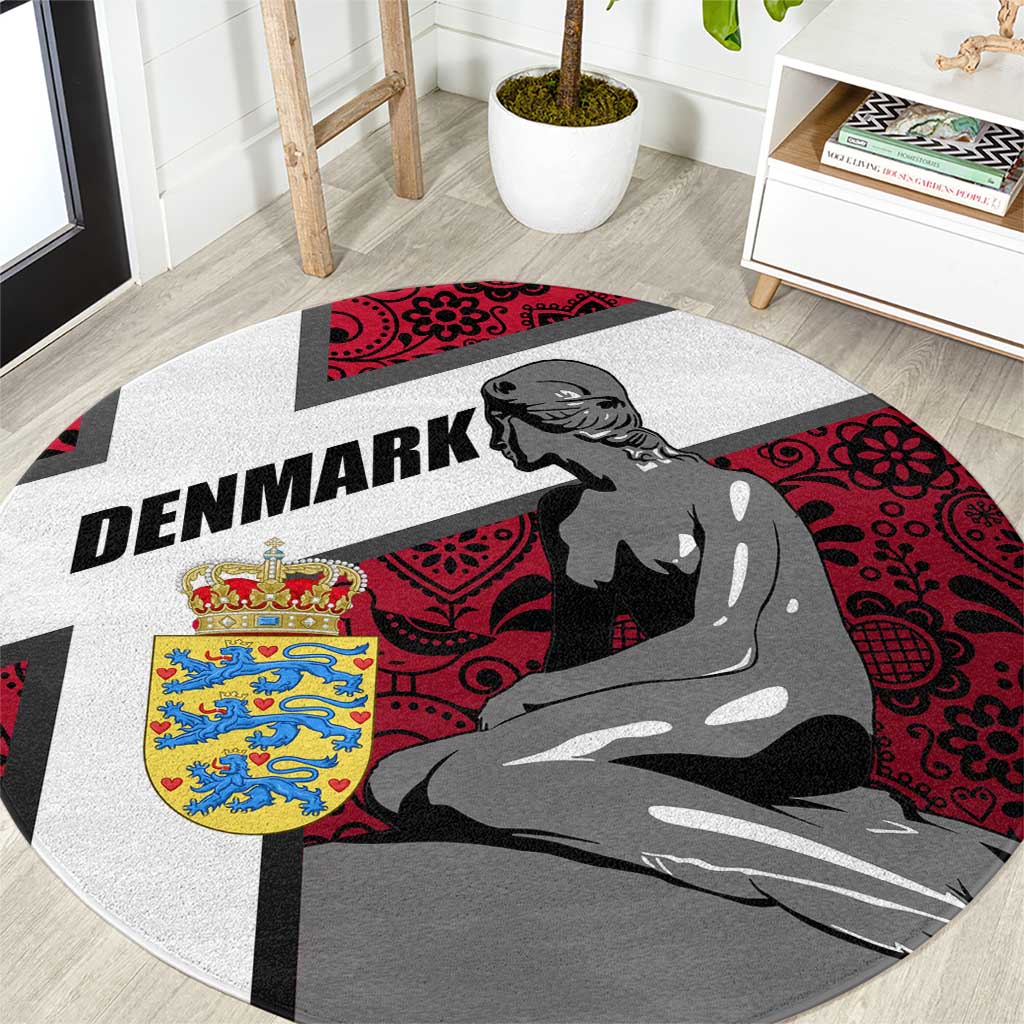 Denmark Round Carpet with The Little Mermaid Statue, Danish Folk Patterns, National Heritage Pride