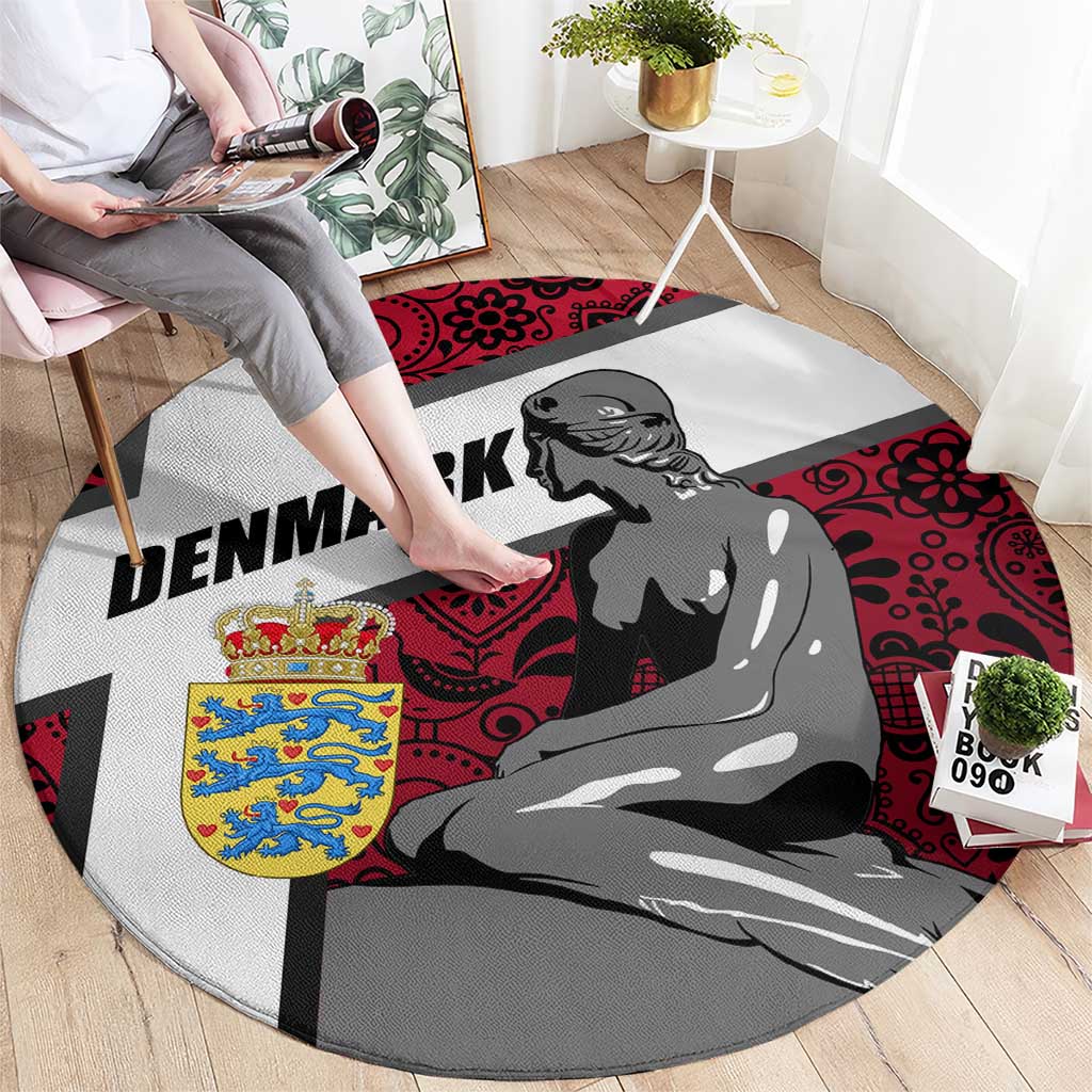 Denmark Round Carpet with The Little Mermaid Statue, Danish Folk Patterns, National Heritage Pride