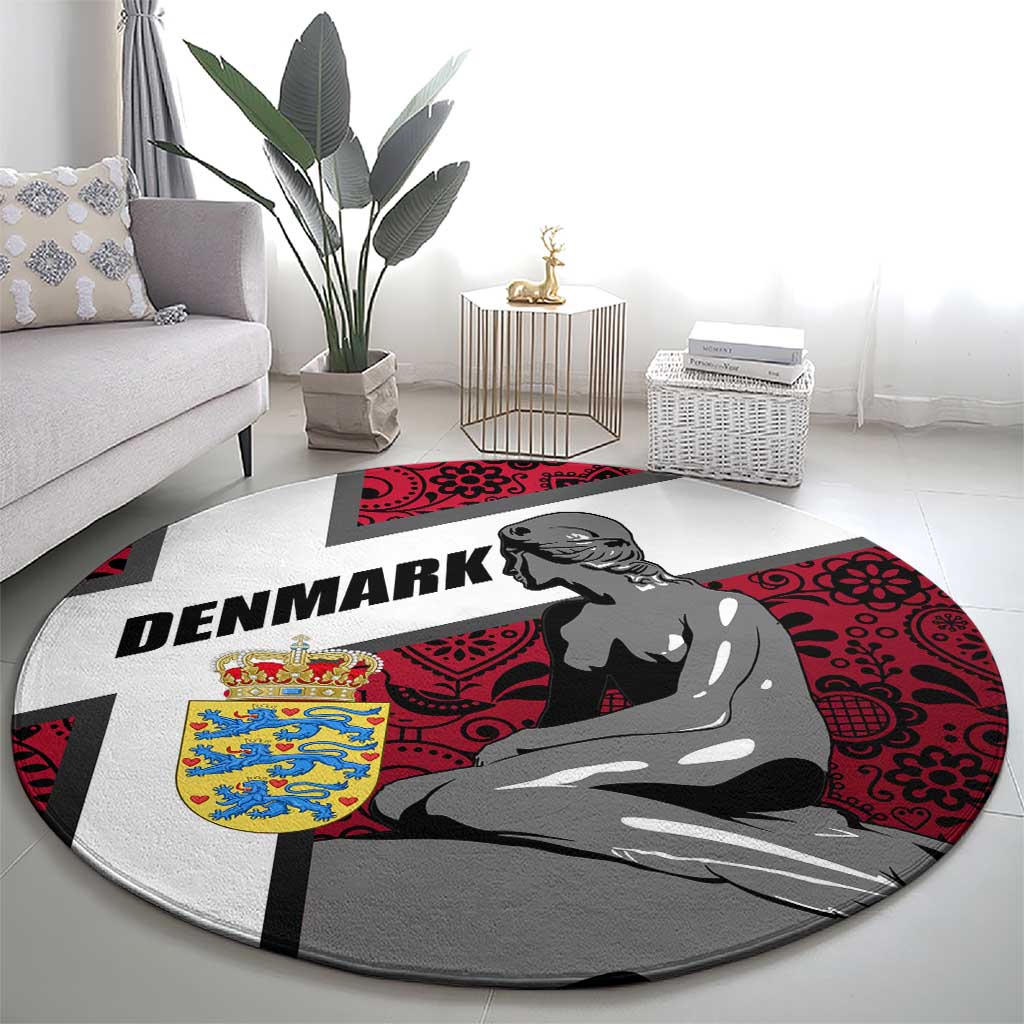 Denmark Round Carpet with The Little Mermaid Statue, Danish Folk Patterns, National Heritage Pride
