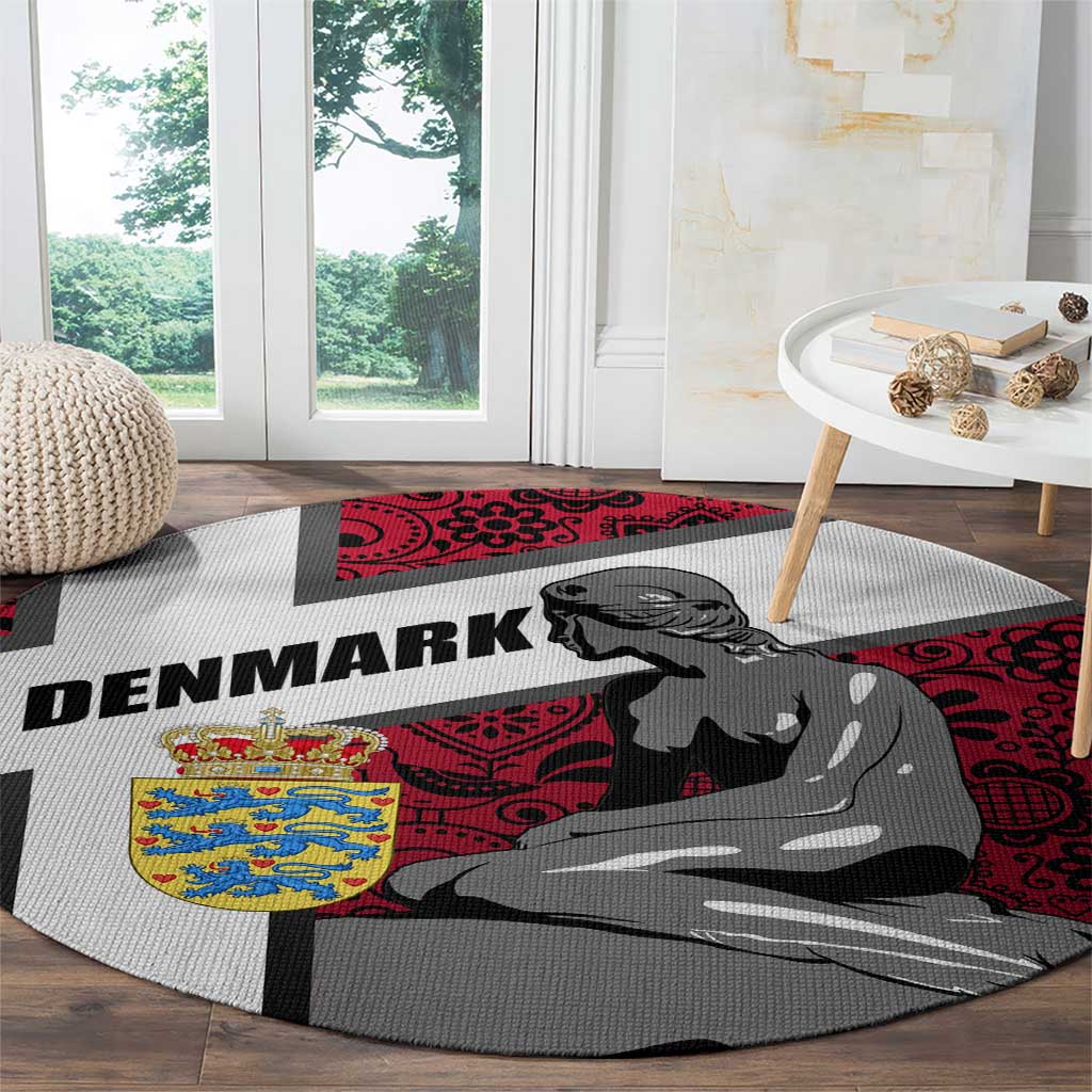 Denmark Round Carpet with The Little Mermaid Statue, Danish Folk Patterns, National Heritage Pride