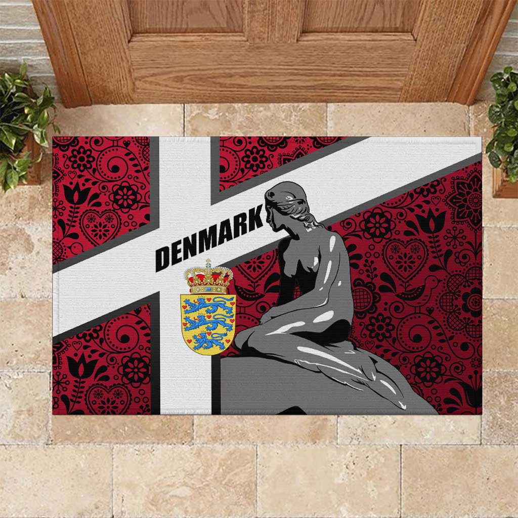 Denmark Rubber Doormat with The Little Mermaid Statue, Danish Folk Patterns, National Heritage Pride