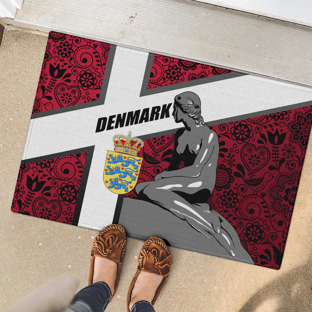 Denmark Rubber Doormat with The Little Mermaid Statue, Danish Folk Patterns, National Heritage Pride