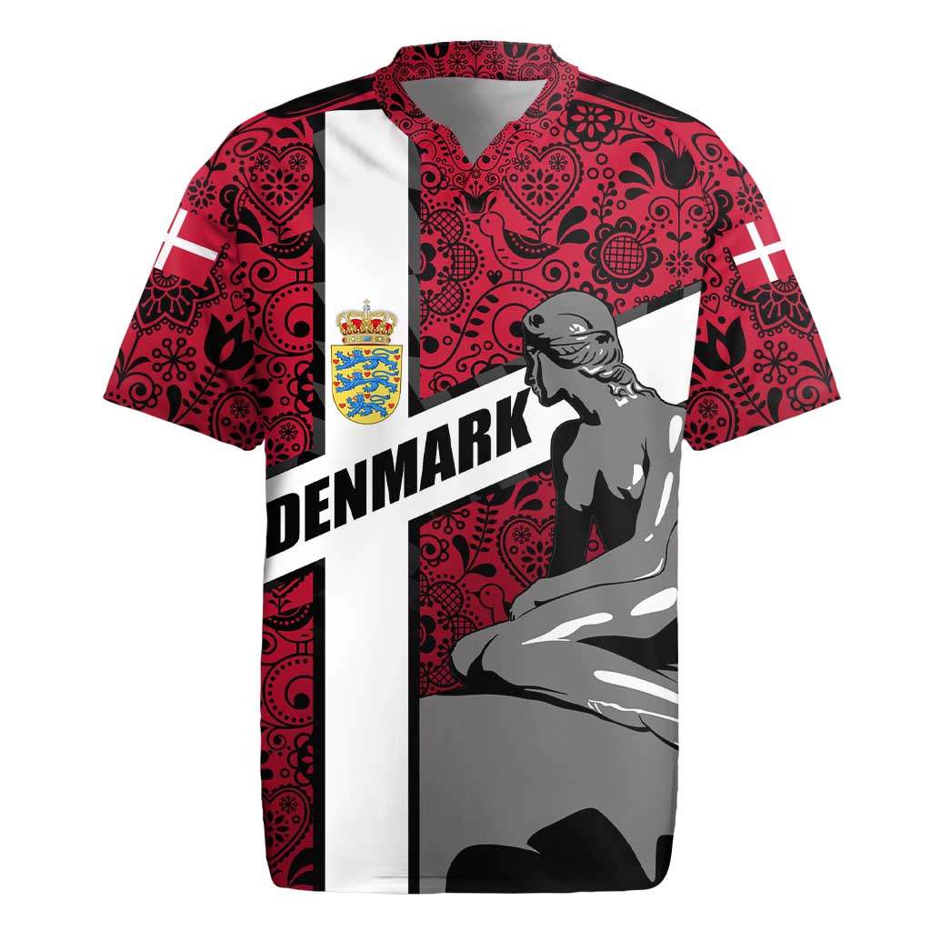 Denmark Rugby Jersey with The Little Mermaid Statue, Danish Folk Patterns, National Heritage Pride