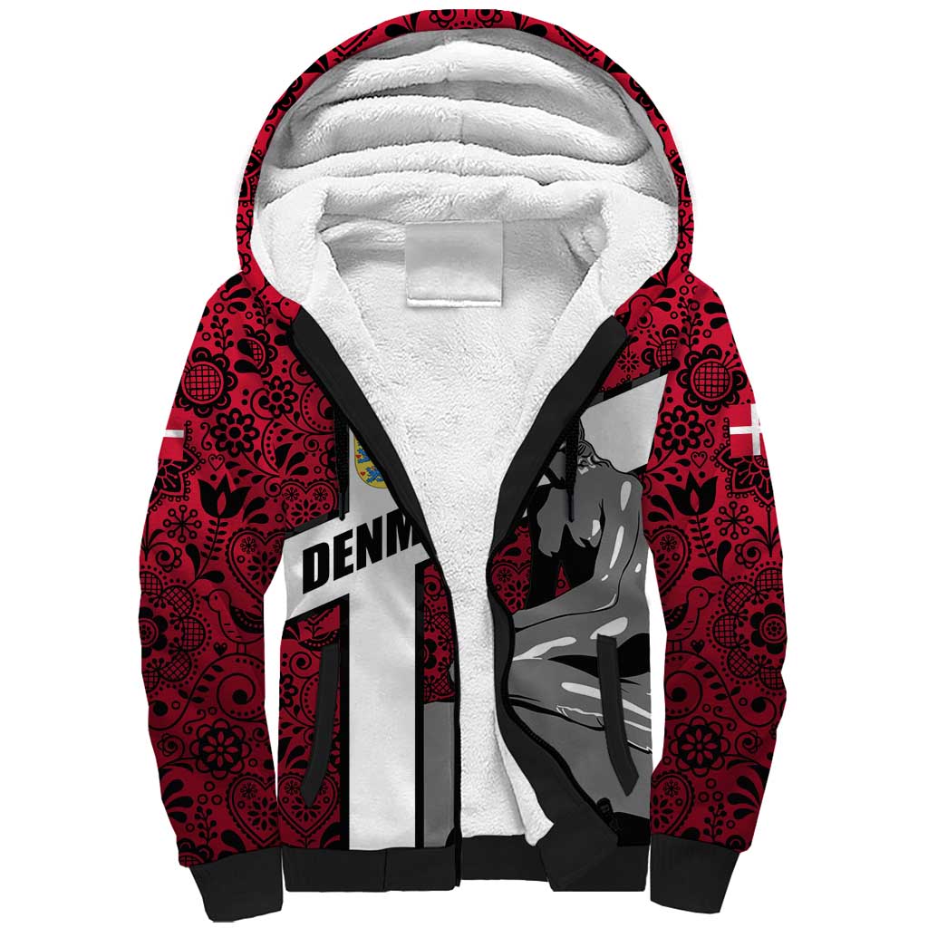 Denmark Sherpa Hoodie with The Little Mermaid Statue, Danish Folk Patterns, National Heritage Pride