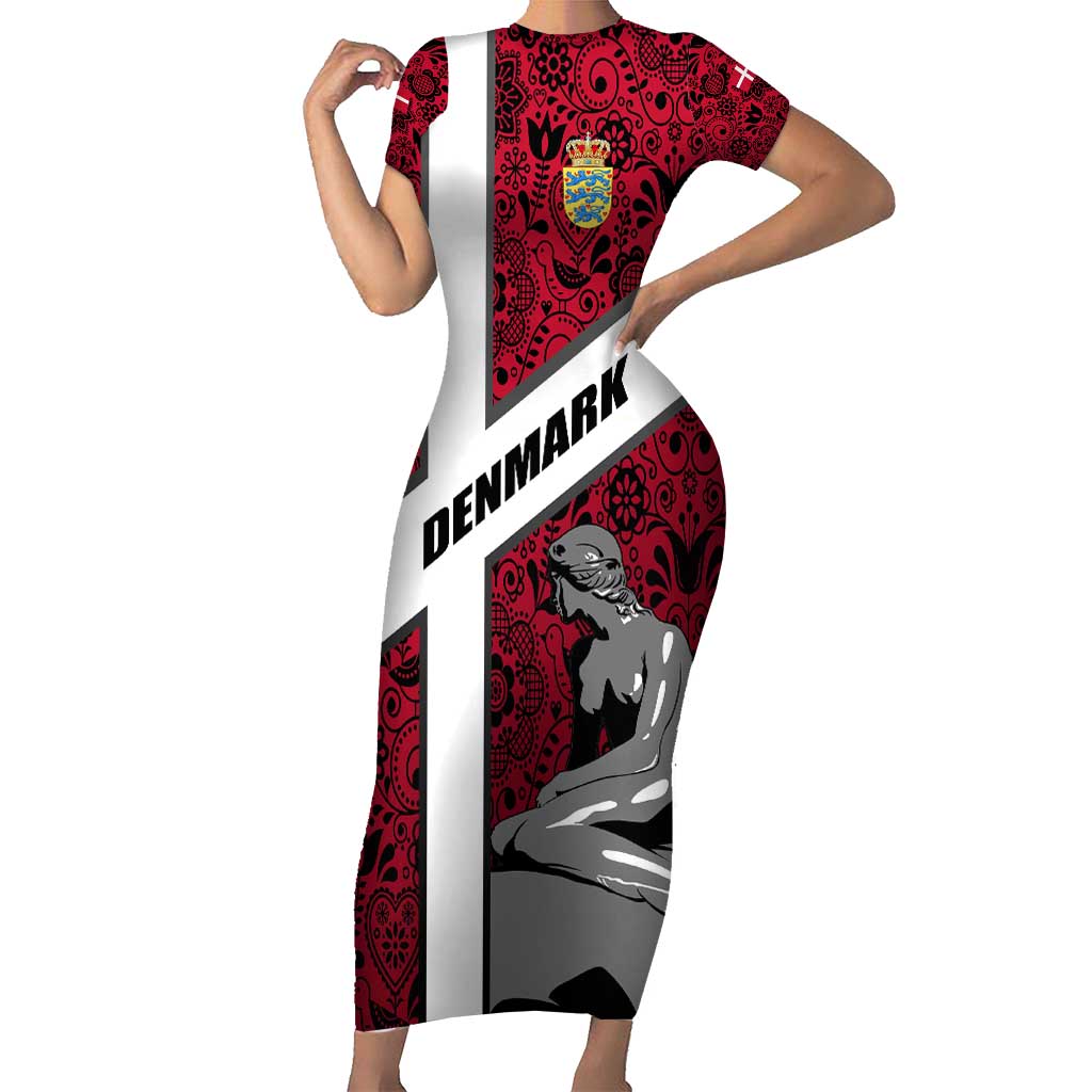 Denmark Short Sleeve Bodycon Dress with The Little Mermaid Statue, Danish Folk Patterns, National Heritage Pride
