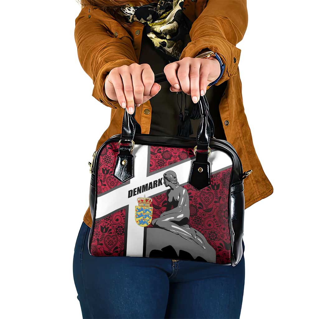 Denmark Shoulder Handbag with The Little Mermaid Statue, Danish Folk Patterns, National Heritage Pride