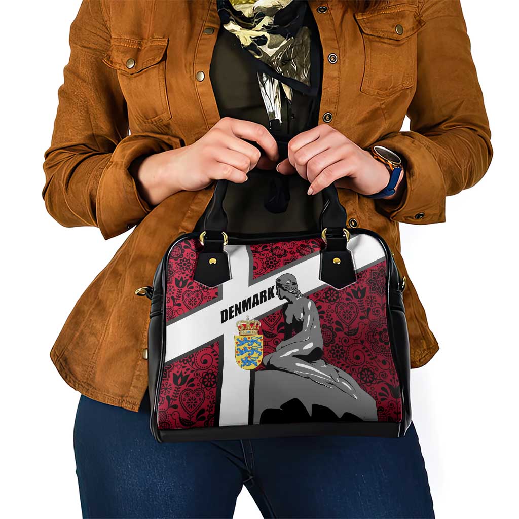 Denmark Shoulder Handbag with The Little Mermaid Statue, Danish Folk Patterns, National Heritage Pride