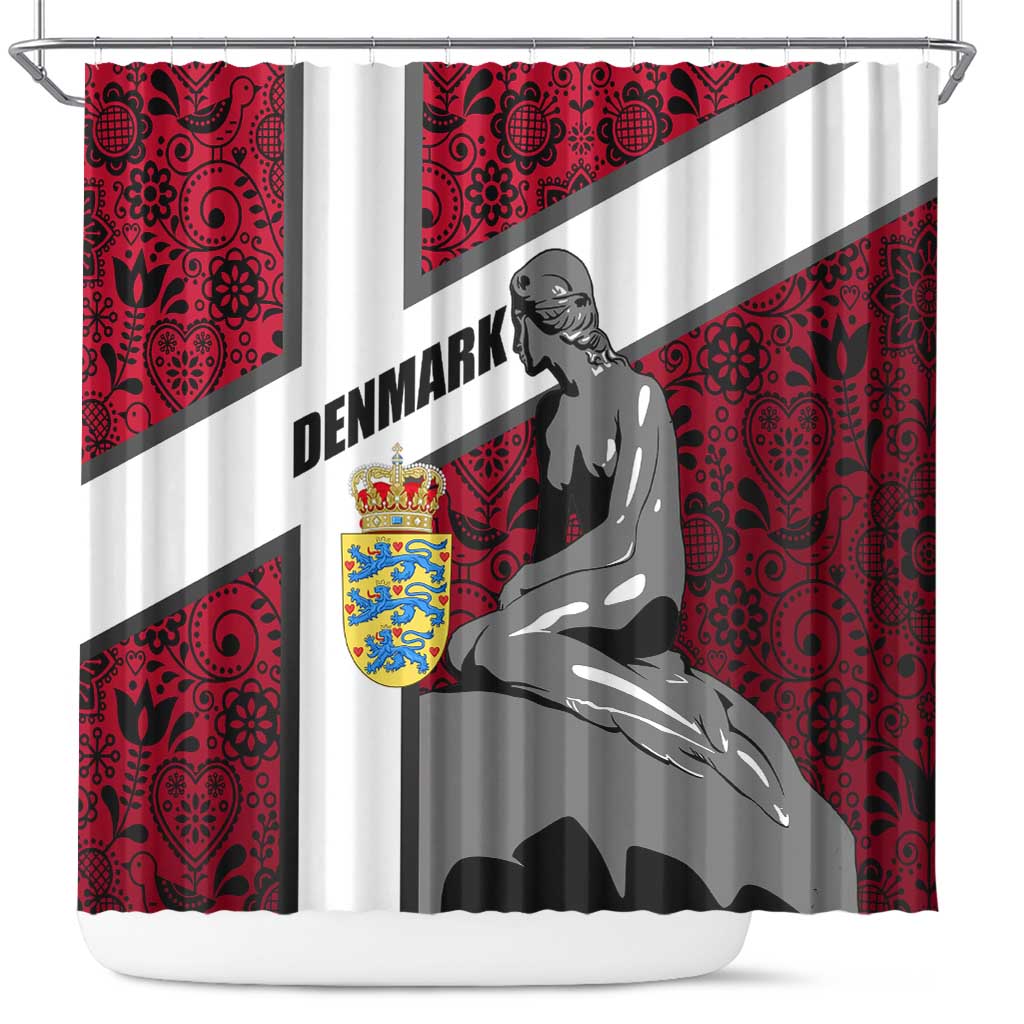 Denmark Shower Curtain with The Little Mermaid Statue, Danish Folk Patterns, National Heritage Pride