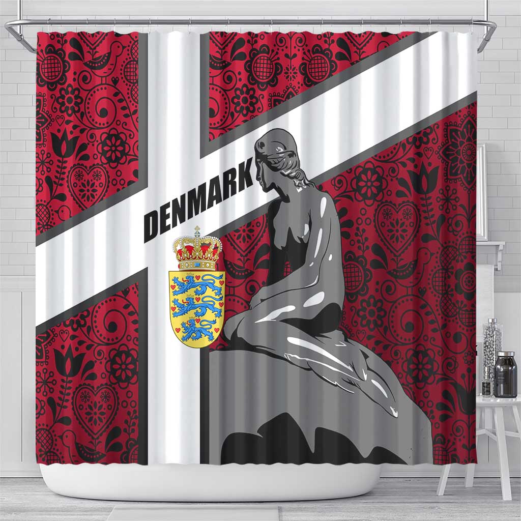 Denmark Shower Curtain with The Little Mermaid Statue, Danish Folk Patterns, National Heritage Pride