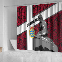 Denmark Shower Curtain with The Little Mermaid Statue, Danish Folk Patterns, National Heritage Pride